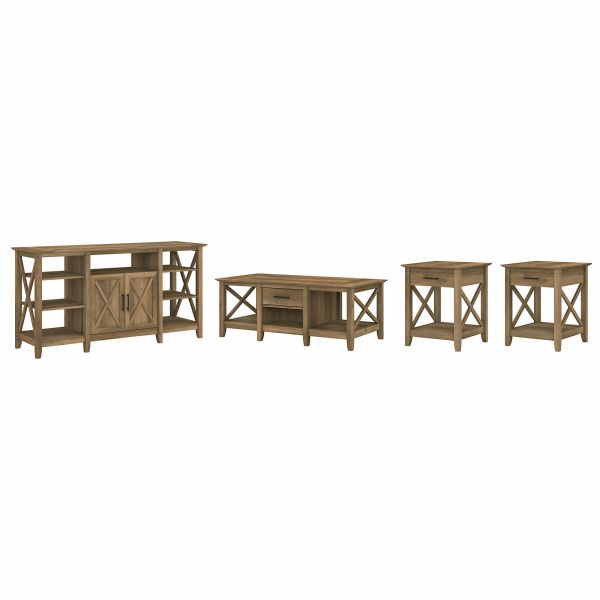 Bush Furniture Key West Tall TV Stand with Coffee Table and Set of 2 End Tables in Reclaimed Pine