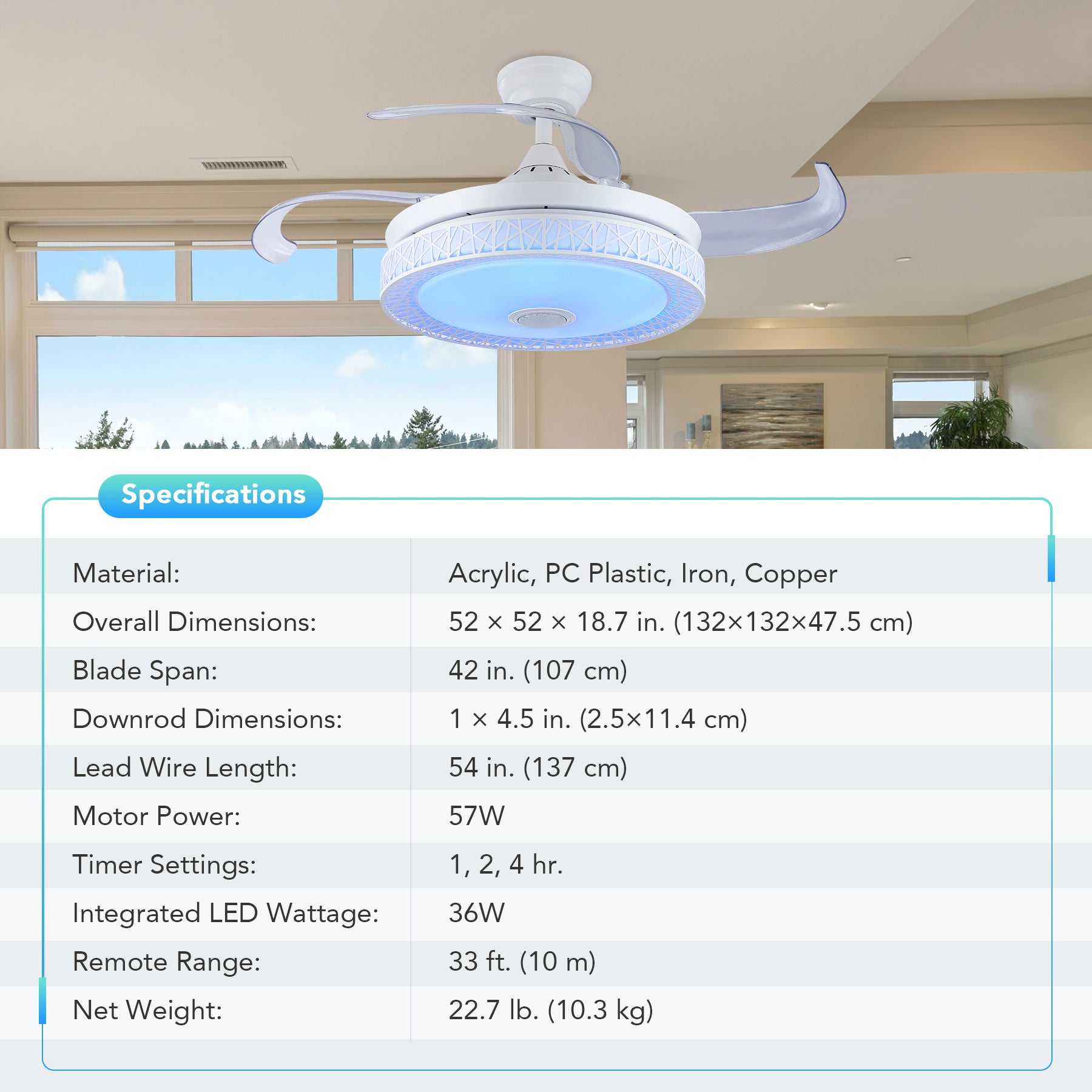 Viribus 42 Inch Modern Ceiling Fan with Light , 3 speeds & timer sets, with Light Remote Bluetooth App Room Decor, White