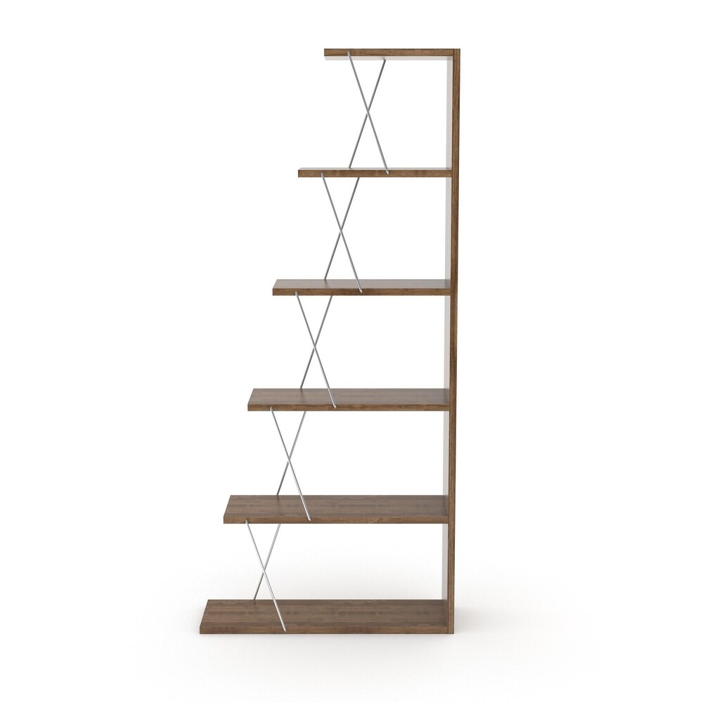 5 Tier Ladder Narrow Bookshelf Organizers for Small Spaces Office Furniture  Walnut/Yellow