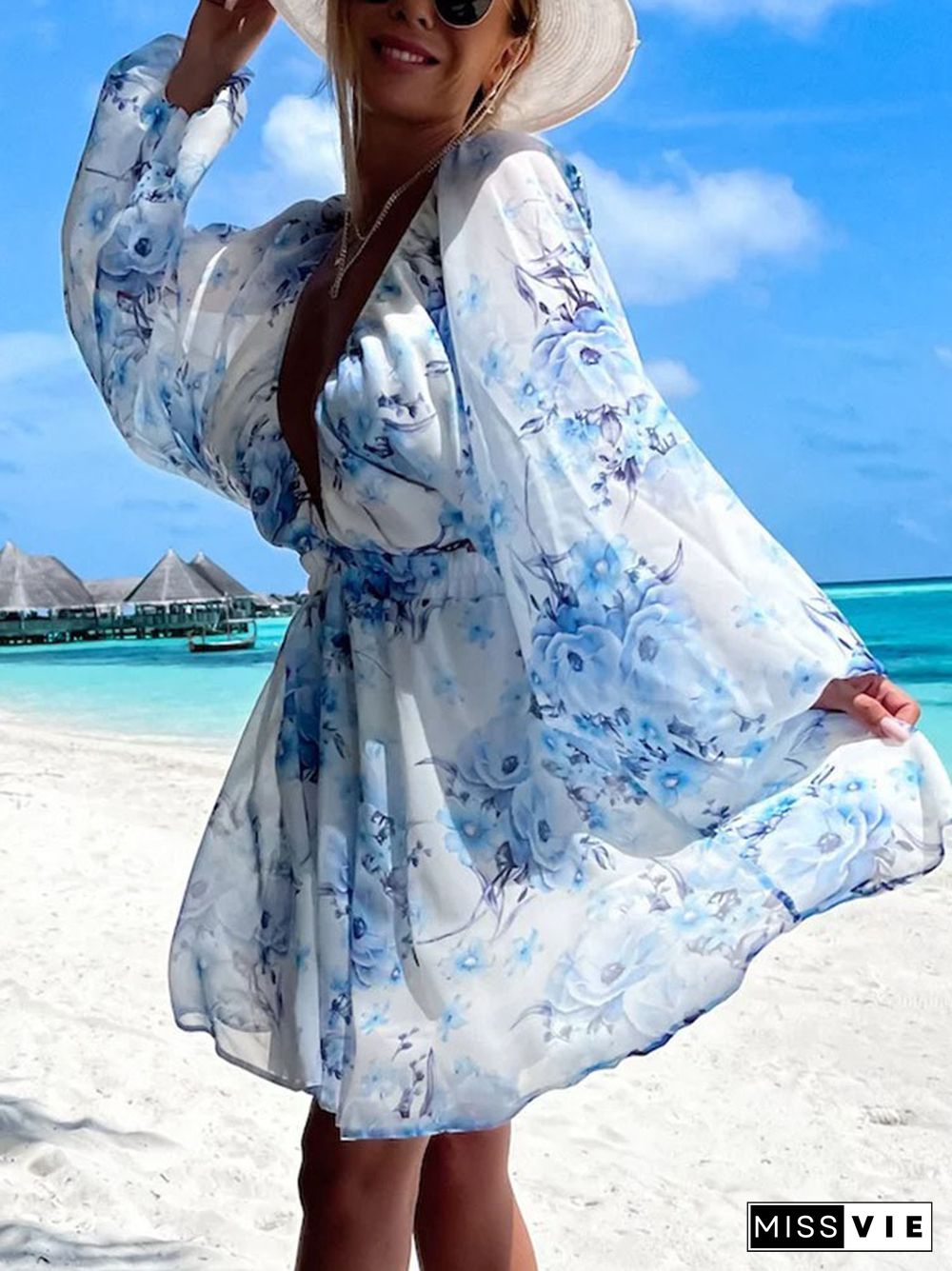 Fashion Deep V Waist Beach Holiday Mini Dress Sexy Hollow Backless Long Sleeve Dress Women Elegant Floral Printing Chiffon Dress