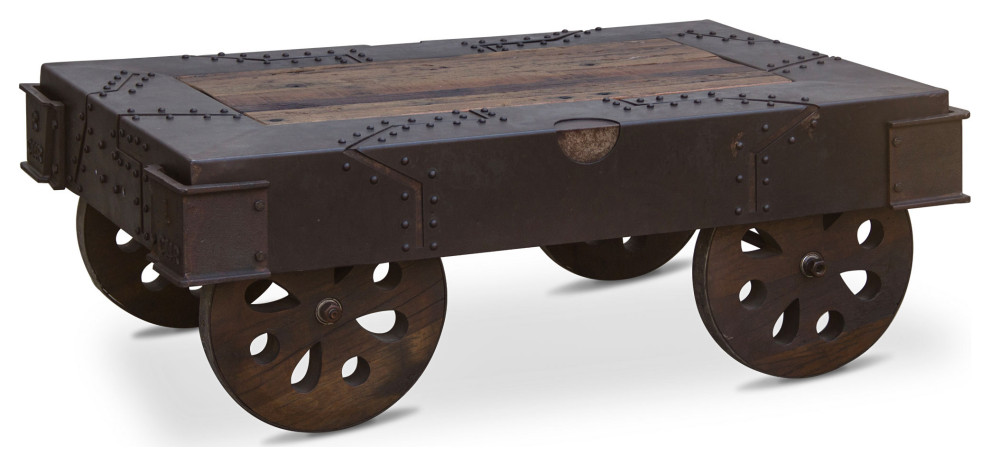 Sterling 48 Inch Reclaimed Iron Wheeled Coffee Table   Industrial   Coffee Tables   by HedgeApple  Houzz