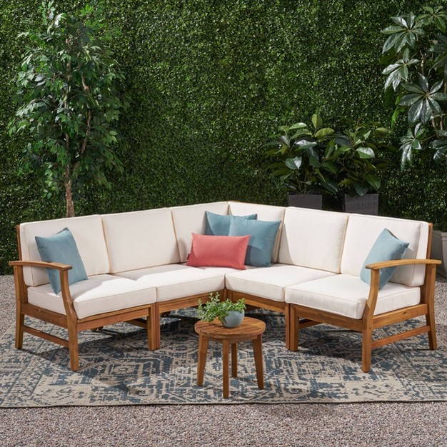 Perla 5pc Patio Sectional Sofa Teak cream Christopher Knight Home