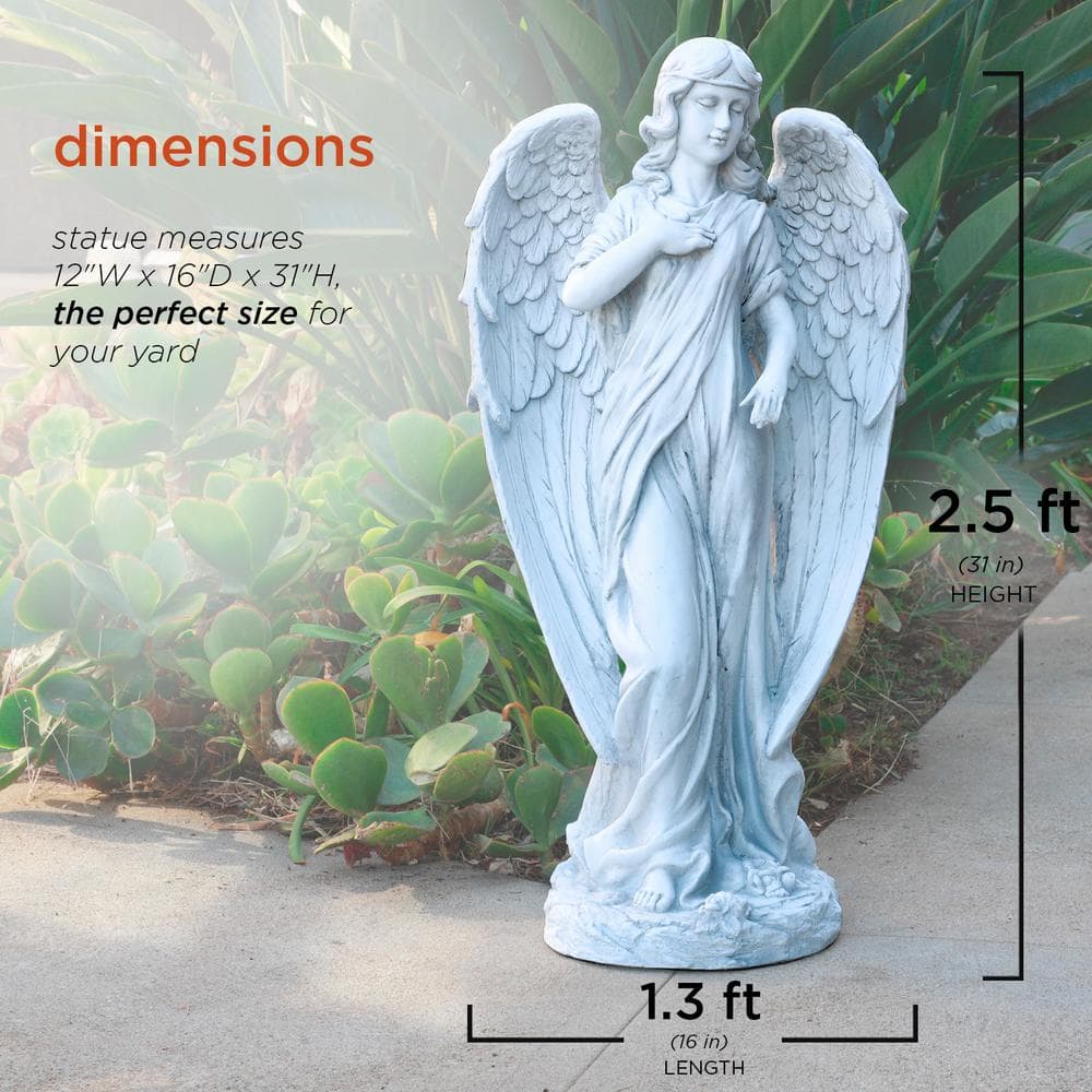 Alpine Corporation 31 in. Tall Indoor/Outdoor Angel Statue Yard Art Decoration, Light Gray QFC104