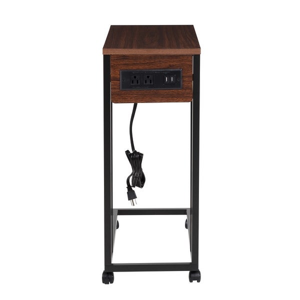 Walnut/Black C-Shape Rolling Side Table with Outlets