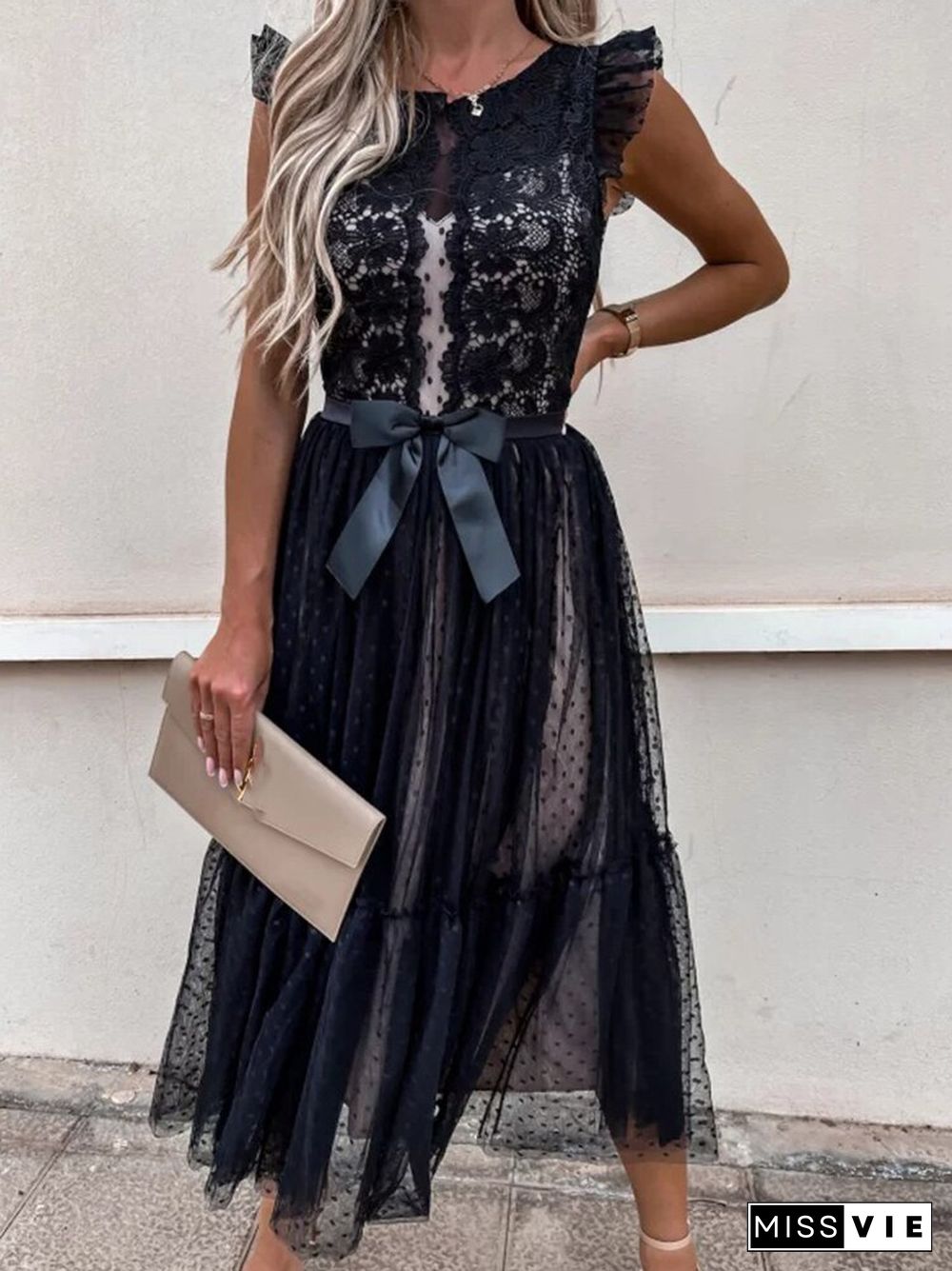 Elegant Solid Color Lace O Neck Party Dress Ladies Fashion Mesh Panel Sleeveless Long Dresses Women Retro Bow Slim Sweet Dress