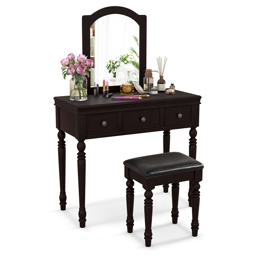 Costway Vanity Table Set Makeup Desk Cushioned Stool 3 Drawer Large   See Details