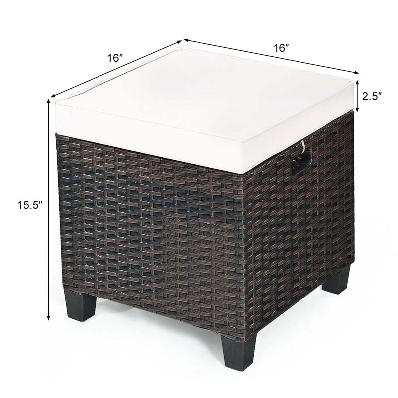 2 Pcs Rattan Patio Ottoman Set with Removable Cushions, All Weather Wicker Outdoor Footstool Footrest Seat