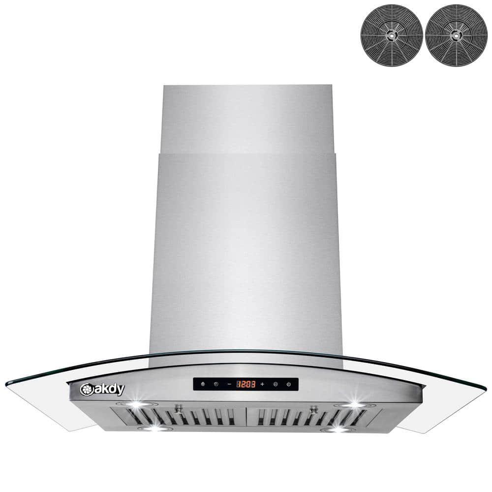 AKDY 30 in 343 CFM Convertible Island Mount Range Hood with Tempered Glass and Carbon Filters in Stainless Steel