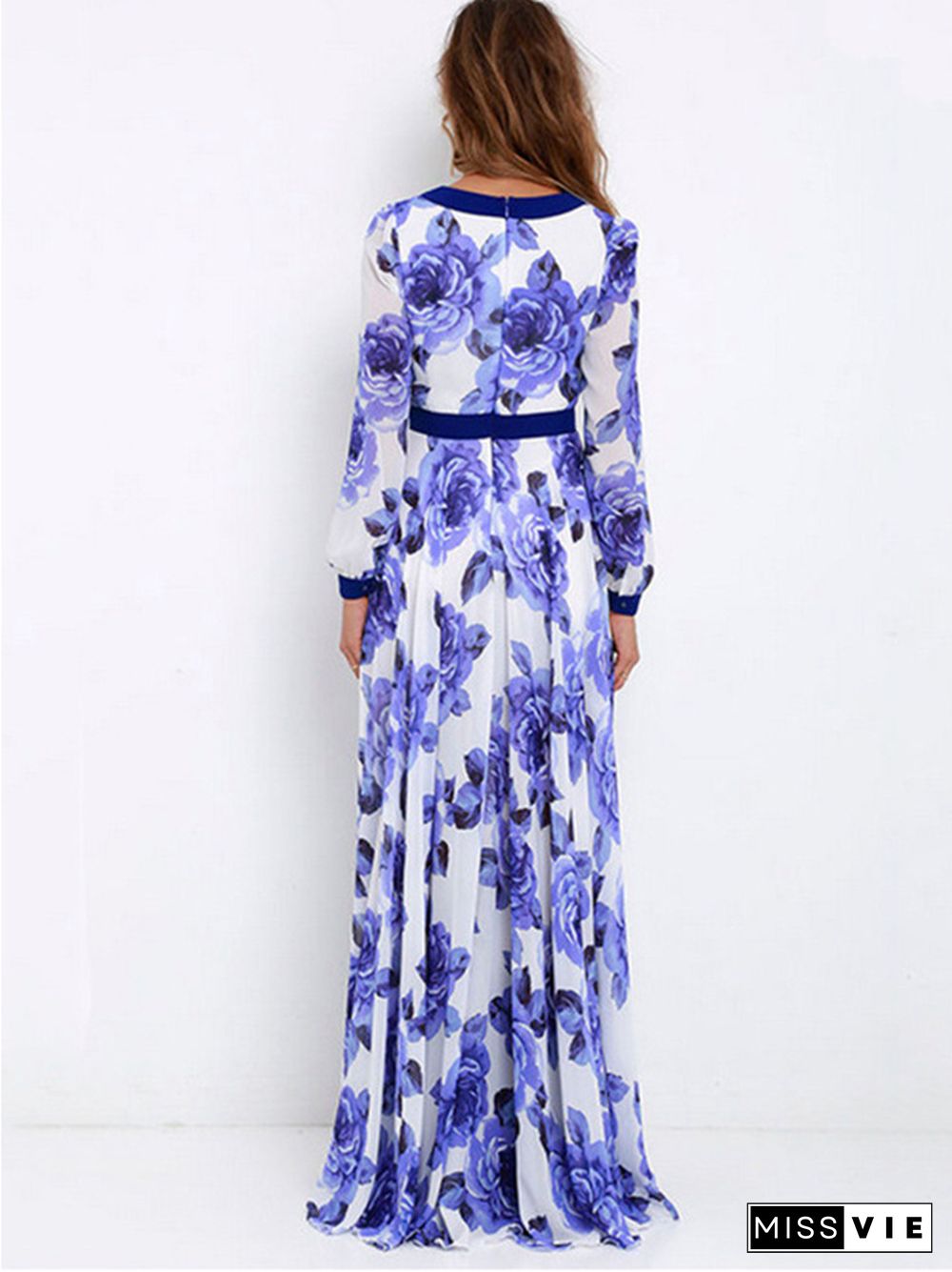 Blue and White Porcelain V-neck Print Big Swing Dress Long Skirt