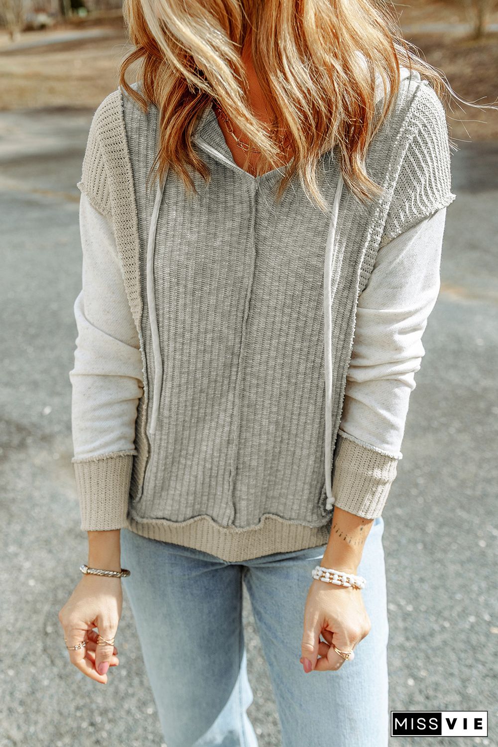 Gray Long Sleeve Textured Knit Patchwork Hoodie