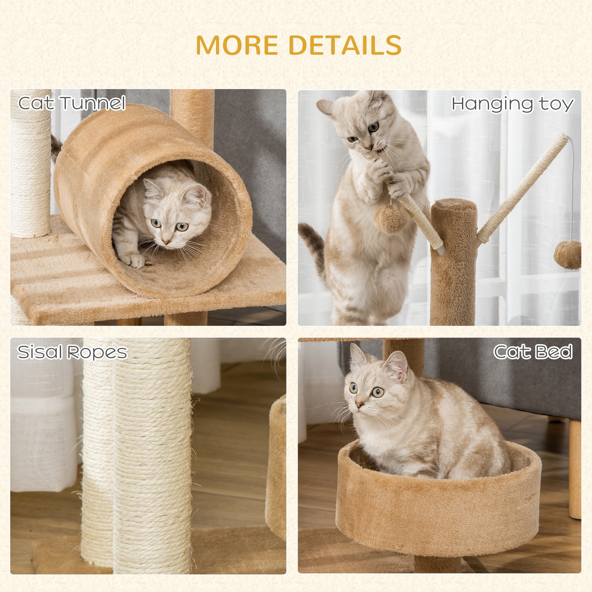 PawHut Cat Tree for Indoor Cats Cat Condo Kitty Tower with Scratching Post， Elevated Fun Cat Beds， Tunnel， Cat String Toys， 16