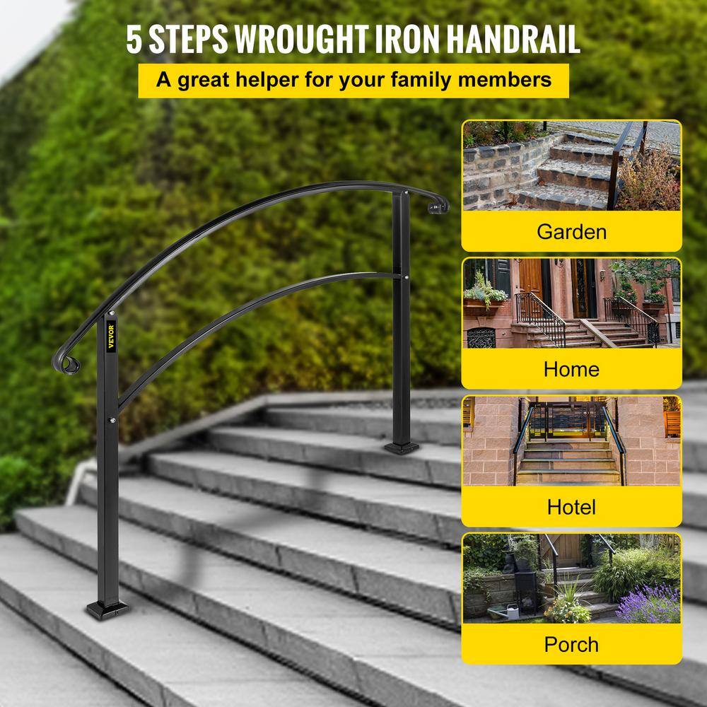 VEVOR Outdoor Handrails Fit 4 to 5 Steps Stair Railing Black Front Porch Hand Rail Wrought Iron Handrail for Concrete Steps 5FTHWTYFSBLACK001V0