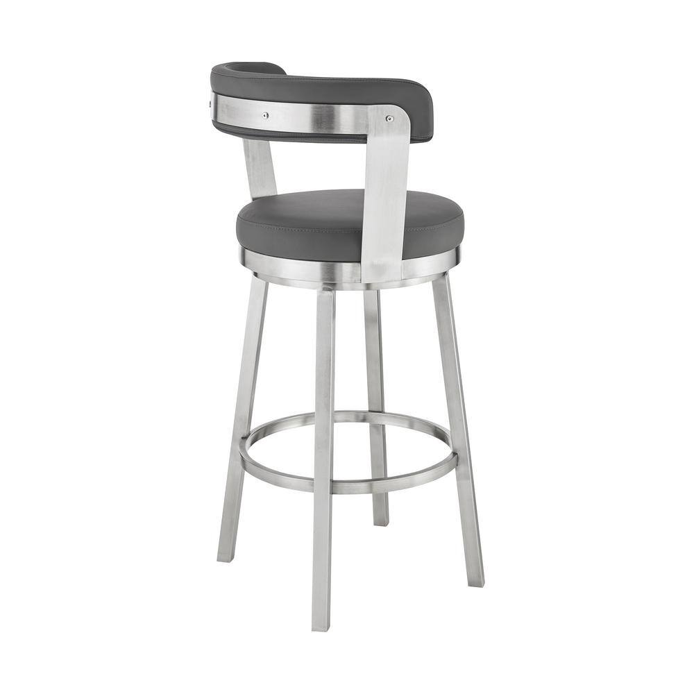 Armen Living Kobe 30 in. Bar Height Low Back Swivel Bar Stool in Brushed Stainless Steel and Grey Faux Leather 721535761814