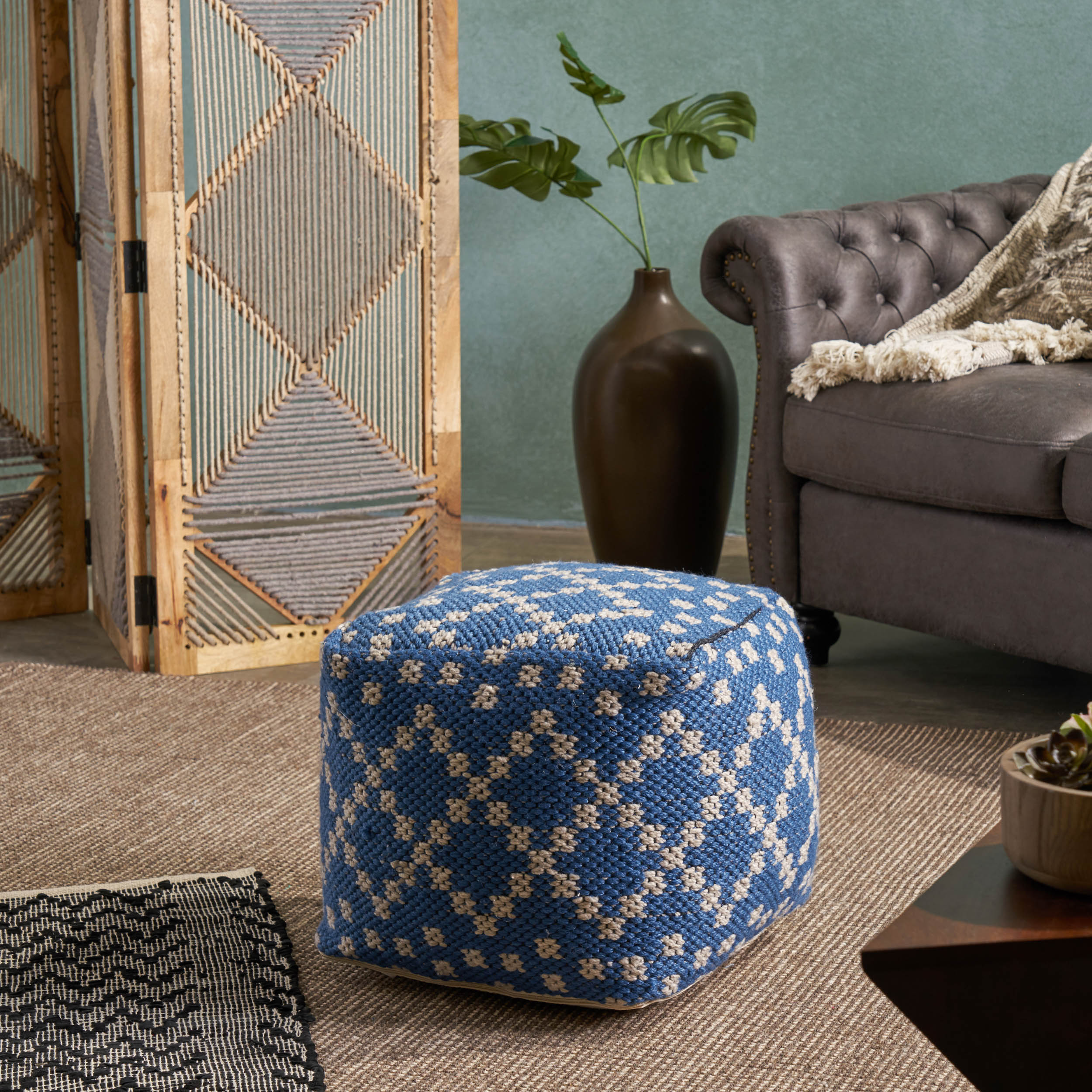 Harmony Cube Pouf, Boho, Blue and White Yarn