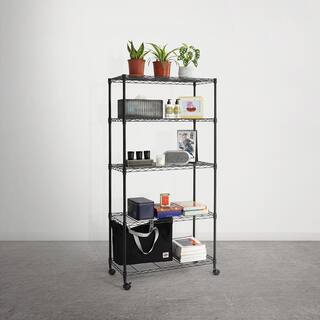 Fencer Wire Black 5-Tier Metal Garage Storage Shelving Unit with Leveling Feet and Wheels (30 in. W x 14 in. D x 62 in. H) RWW-CH30145WBK