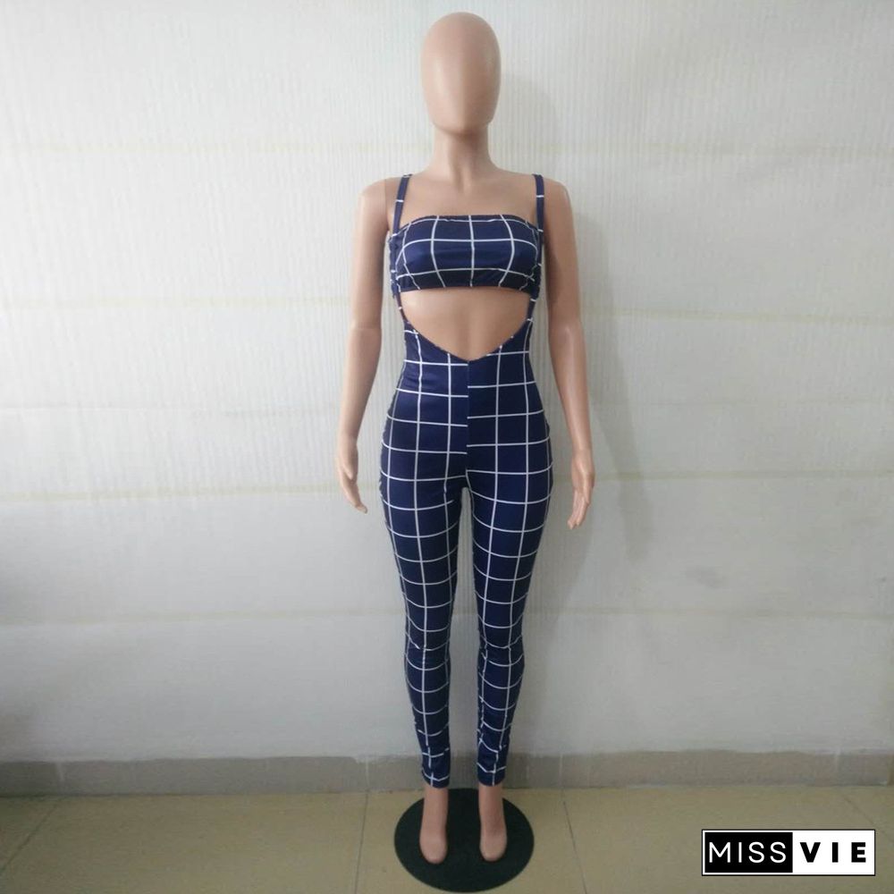 Plaid Strapless Crop Top+Skinny Jumpsuit Matching Sets