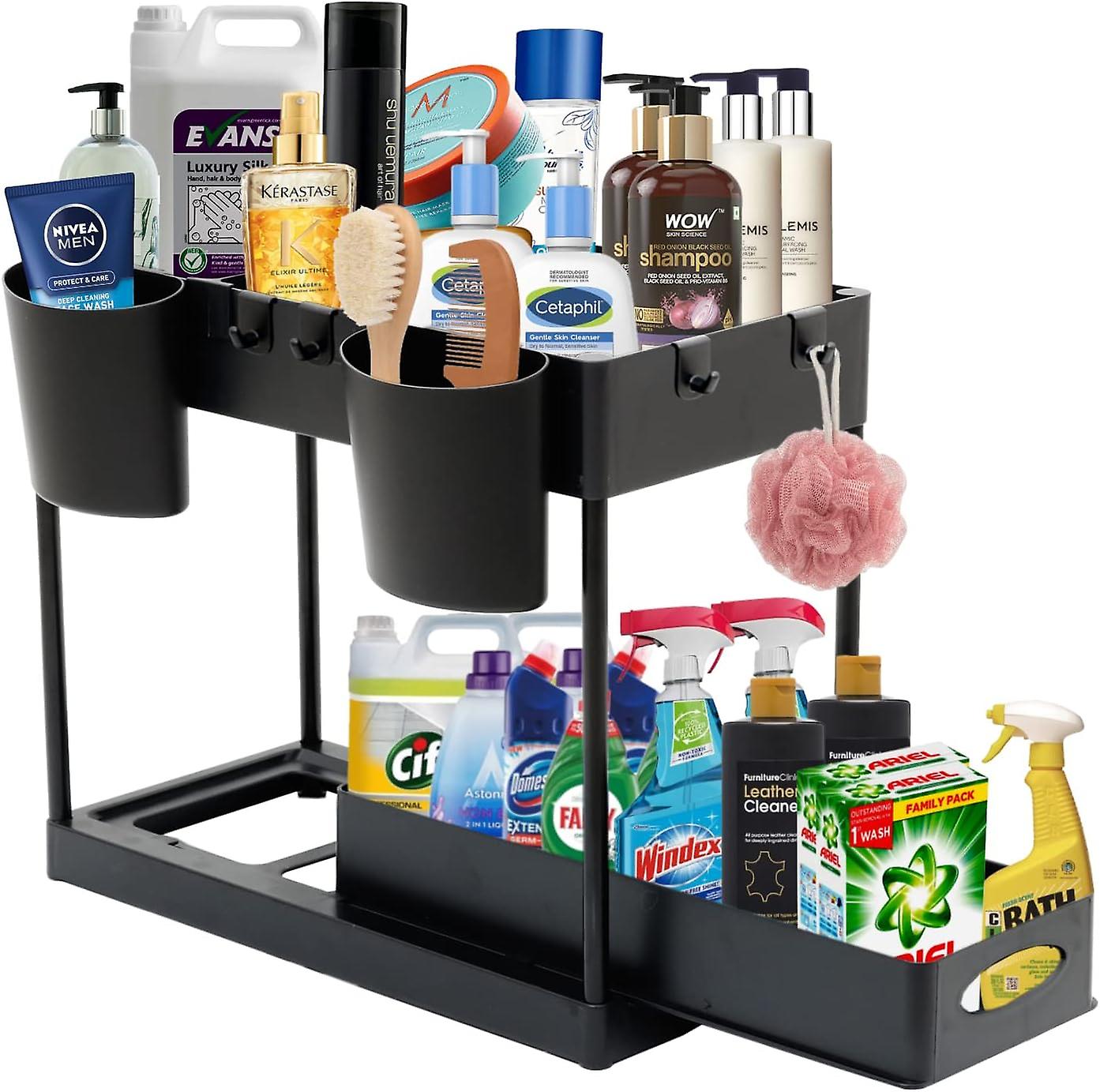 Under Sink Organizers And Storage With 4 Hooks， 2 Hanging Cups and Divirs Under Sink Cabinet Basket Storage 2 Tier Shelf For Bathroom And Kitchen (black