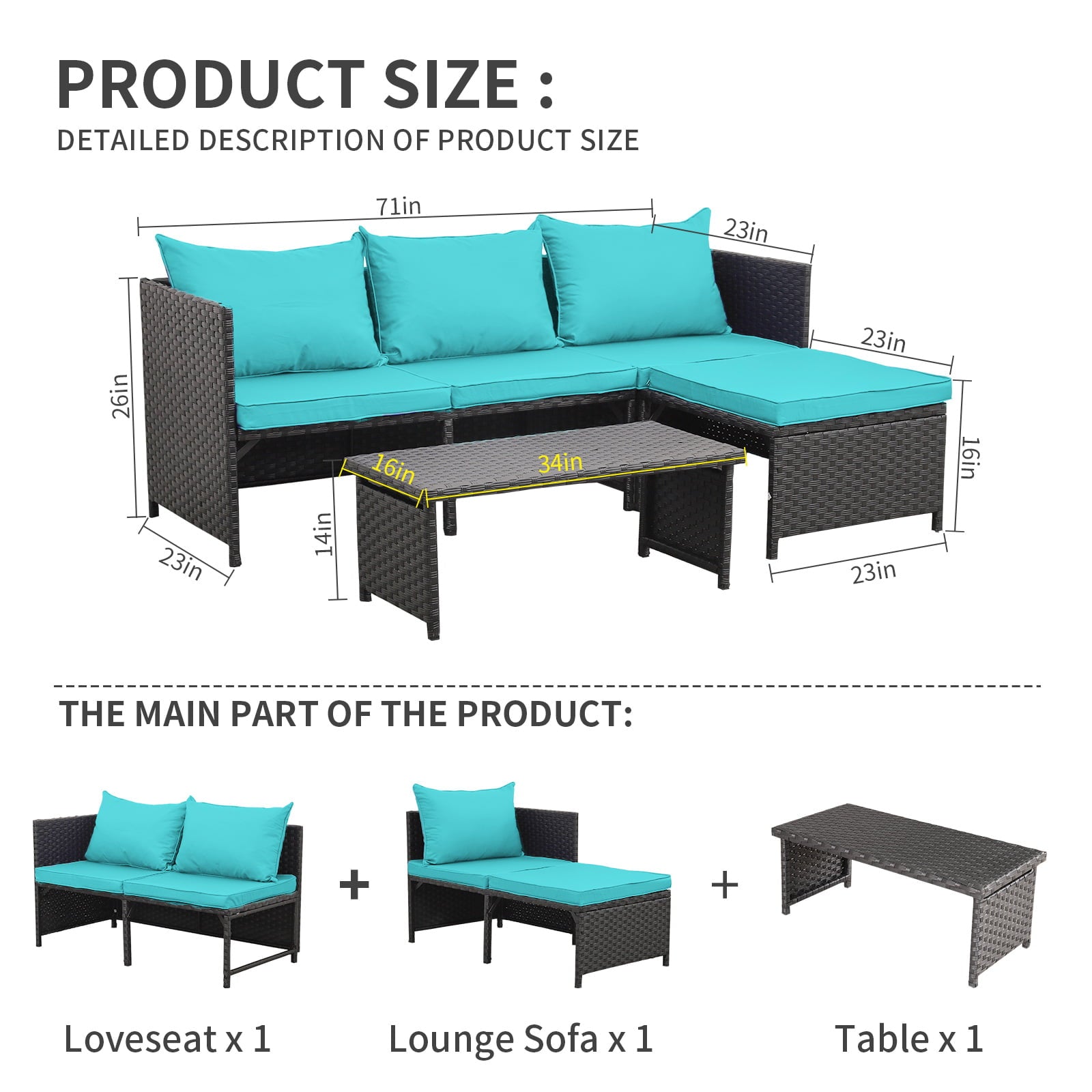 Waroom 3 Pieces Patio Conversation Sets Outdoor Wicker Furniture Chairs Loveseat Sofa,Turquoise,Powder Coated Steel