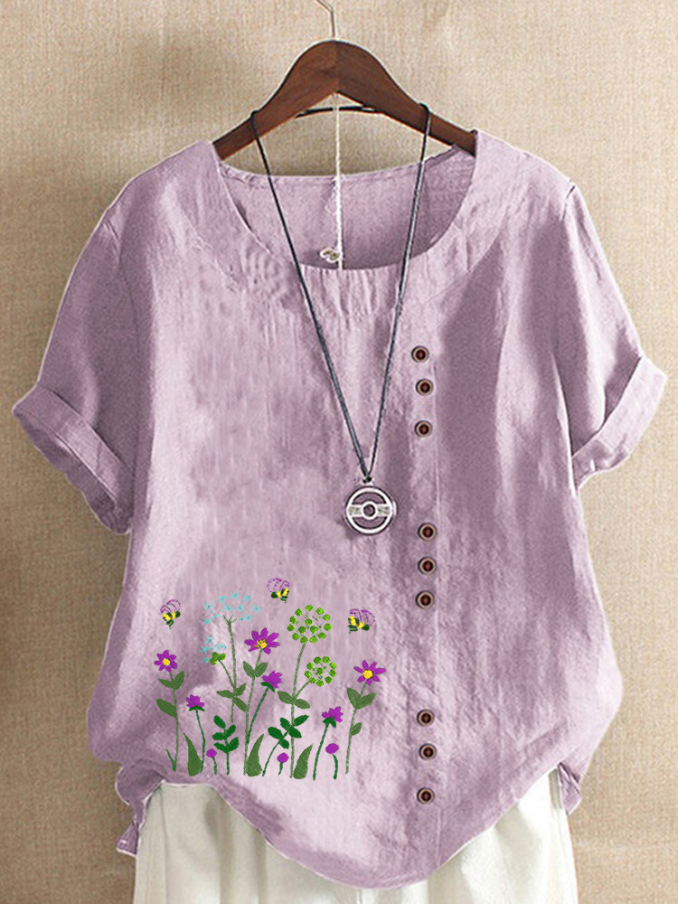 Round Neck Casual Loose Floral Print Short Sleeve Blouse