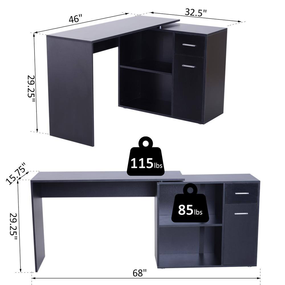 HOMCOM 46 in. L-Shaped Black Writing Computer Desk with Storage Shelves and Cabinet 836-073V80BK