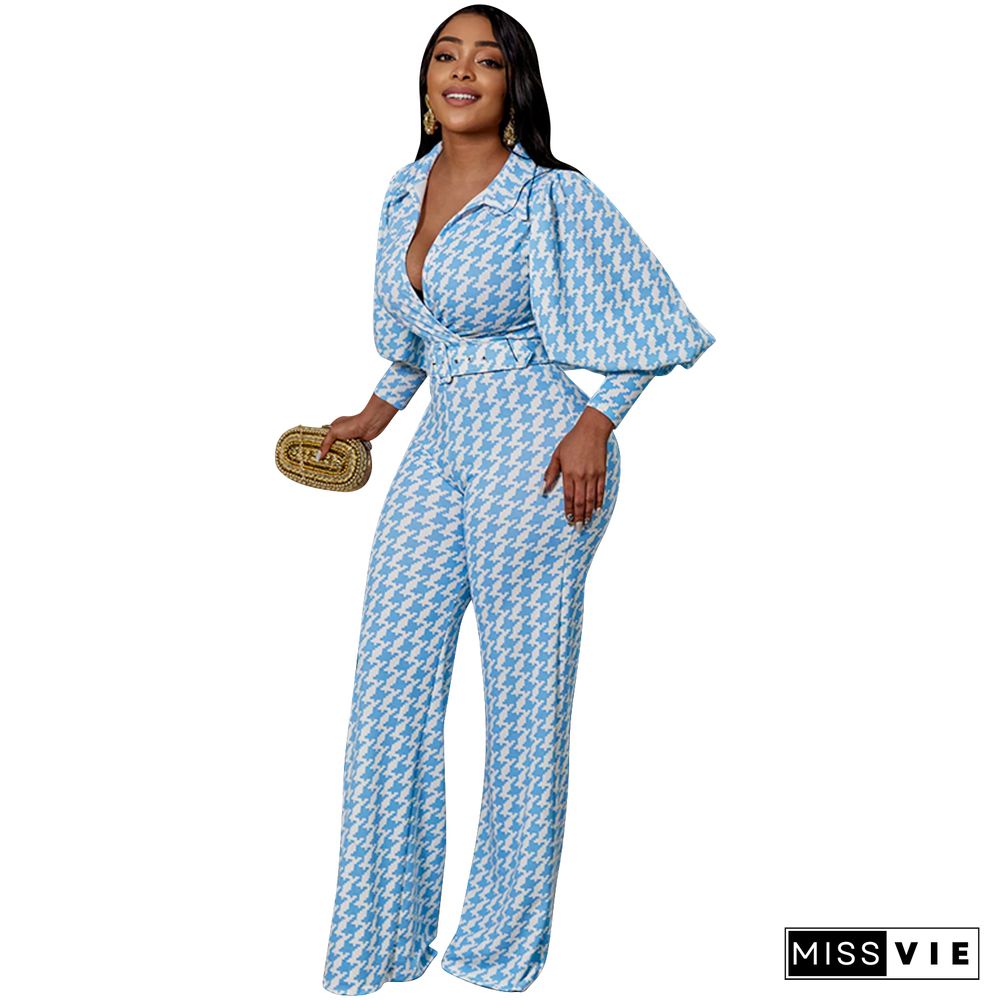 Office Lady Houndstooth Blazer+Wide Leg Pants Suit