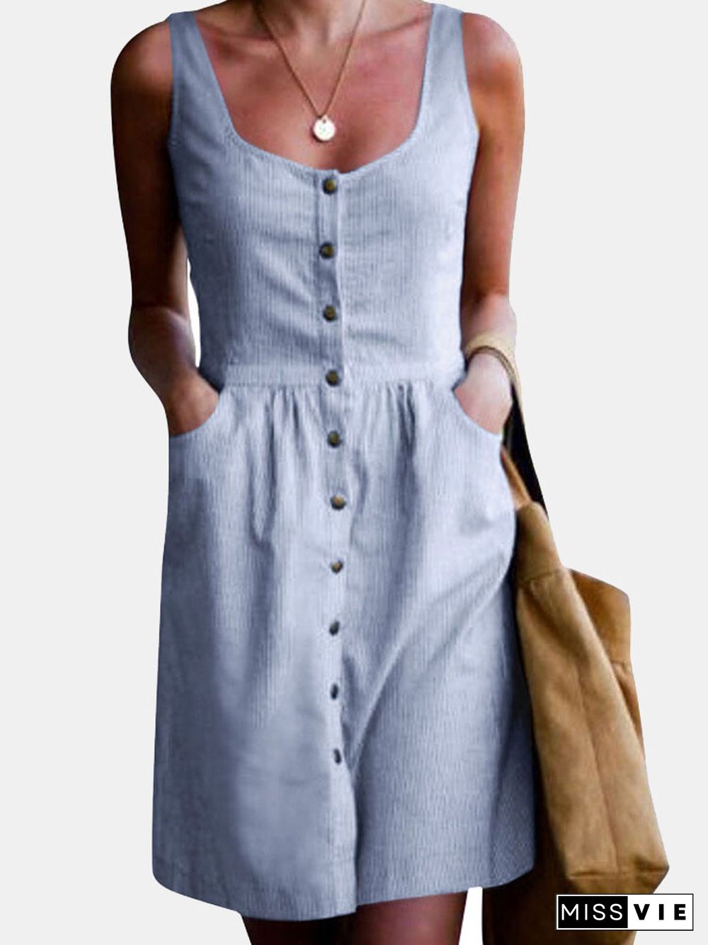 Stripe Button Pocket Sleeveless Casual Midi Dress