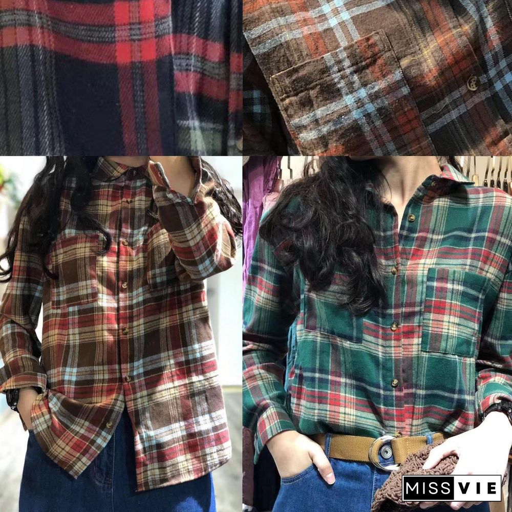 Unique red plaid cotton tunic top lapel collar silhouette autumn shirts