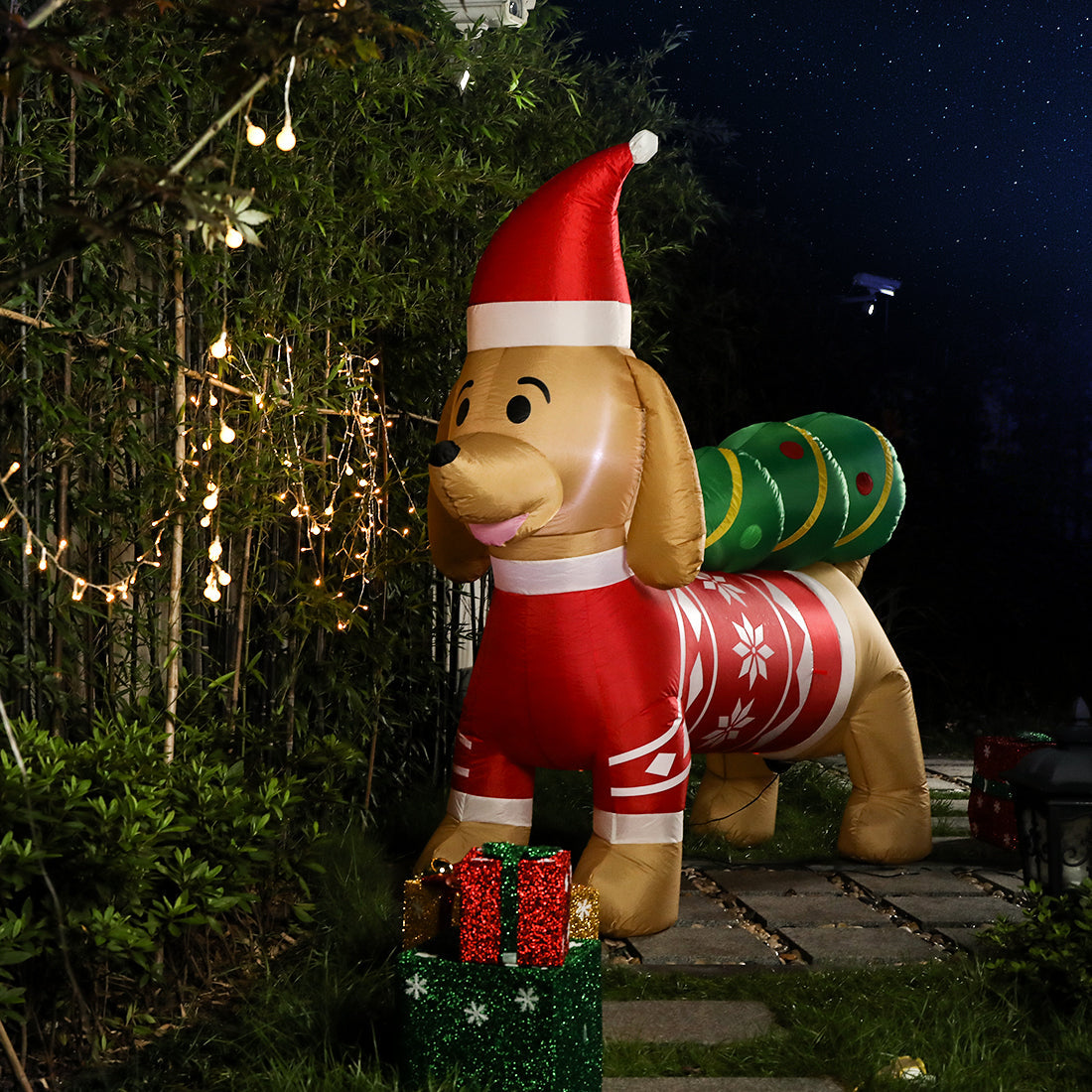 VIVOHOME 7ft Long Christmas Inflatable LED Lighted Dog with Hat and Tree, Christmas