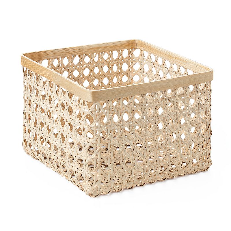 Saddle River Square Natural Open Weave Cane and Bamboo Rim Bin 2-piece Set