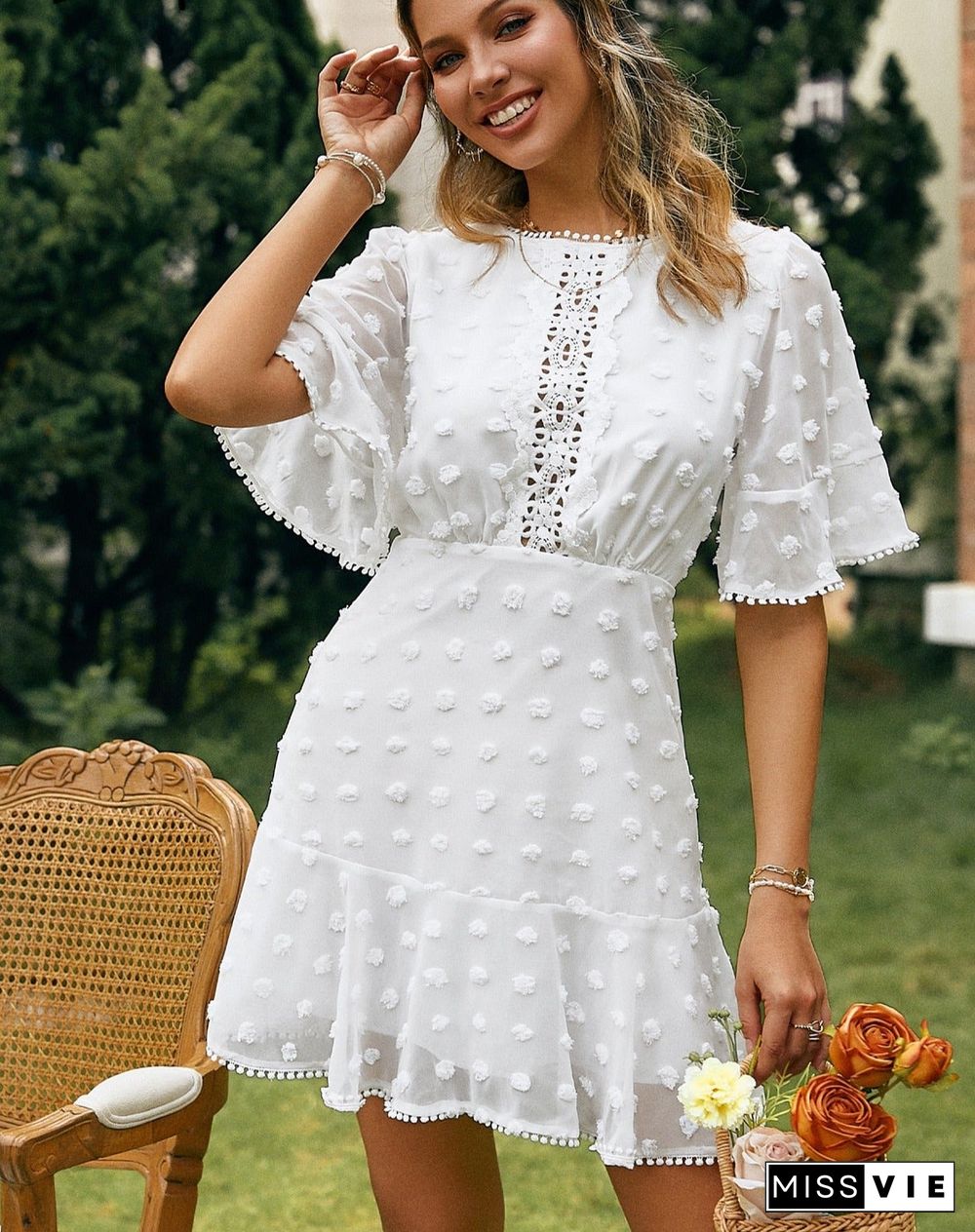 Holiday o-neck flare sleeves tassel white mini dress summer women Hollow out emboridery ruffle dresses Casual vestidos