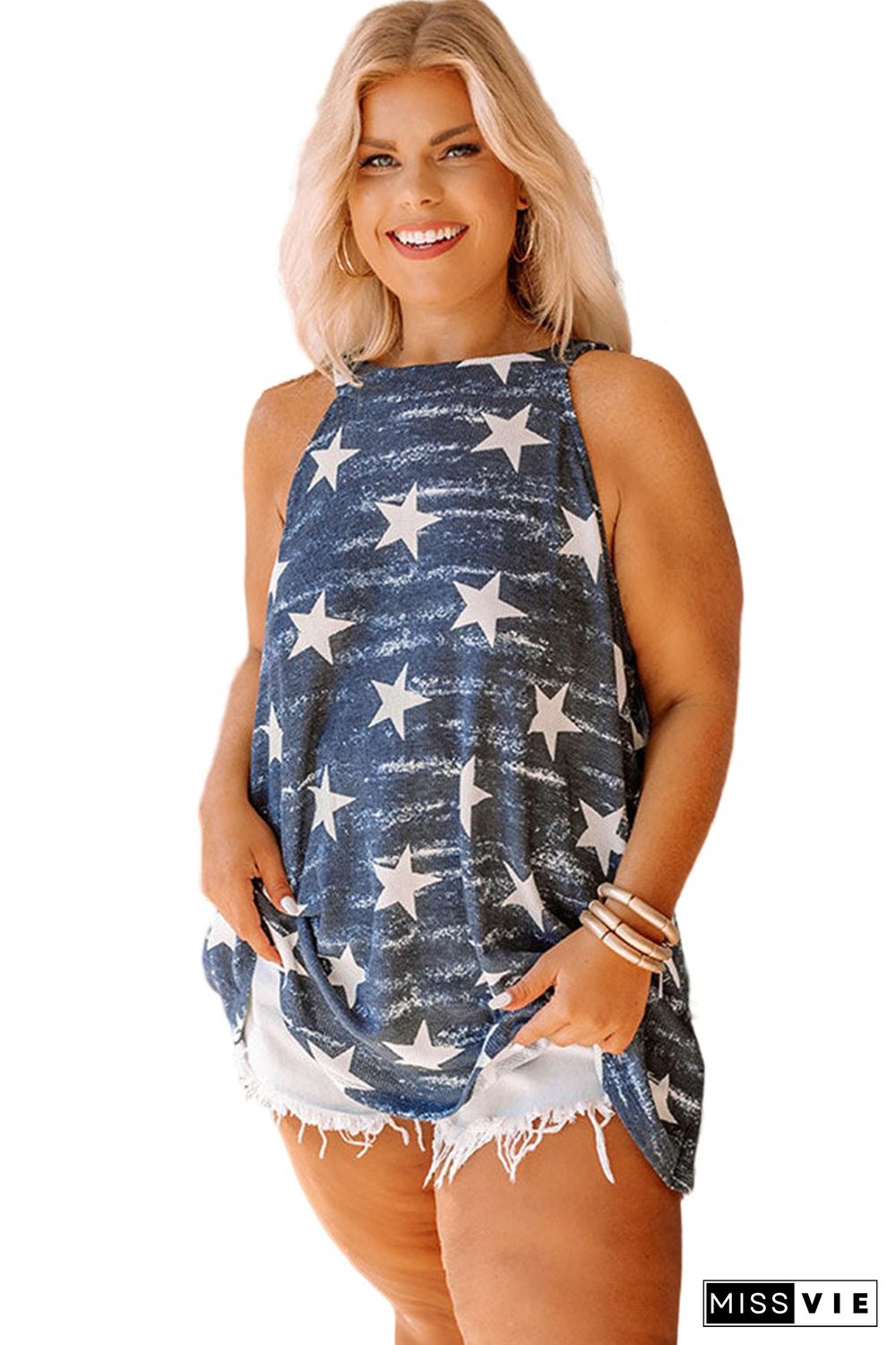 Gray Vintage Knitted Starry Print Plus Size Tank Top