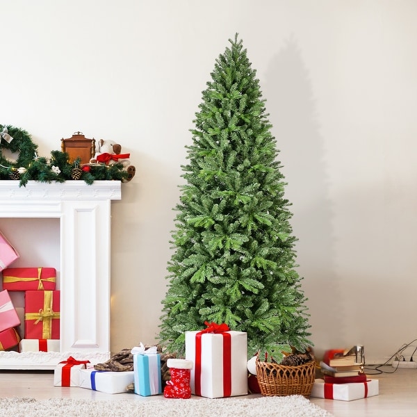 8FT PreLit Slim Christmas Tree，Green，Fir Xmas 'Feel Real' Artificial Tree，White Lights，Metal Hinged，Foldable Base