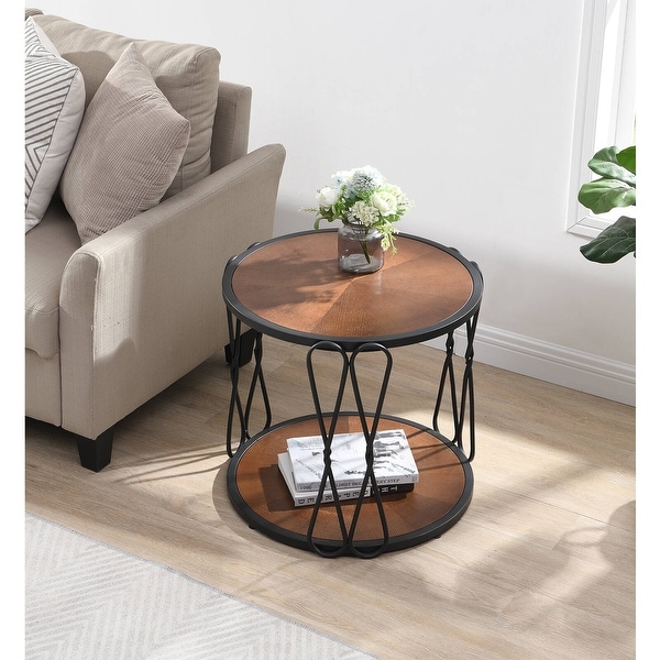 Round Wood Frame Side Table Coffee End Table Antique Black/Gold Living Room Bedroom