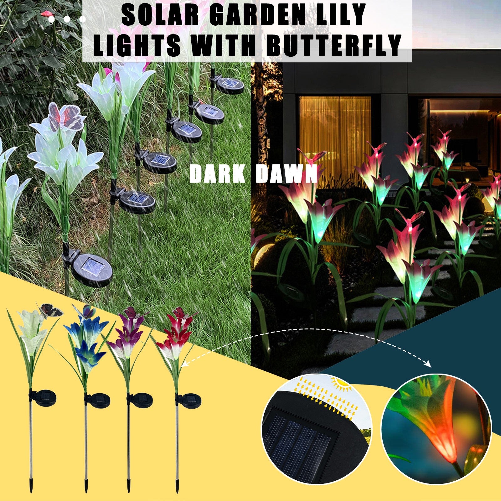 Puntoco Clearance 4Led Solar Garden Lights Outdoor Stake Lights Multicolor Led Butterfly