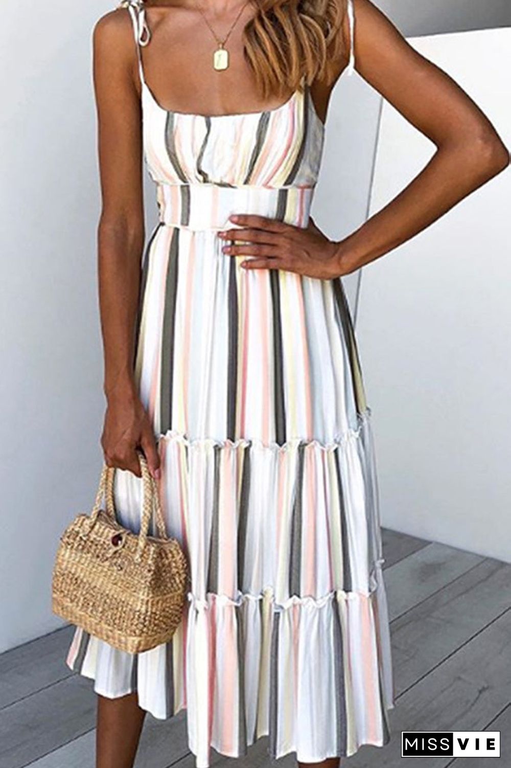 Halter Stripe Printed Beading Midi Dress