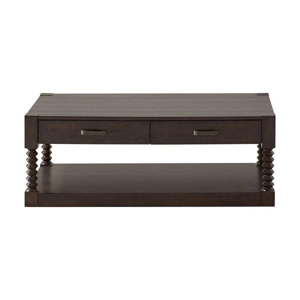 Mika 48 Inch Classic 2 Drawer Coffee Table with Shelf， Spindle Posts， Brown