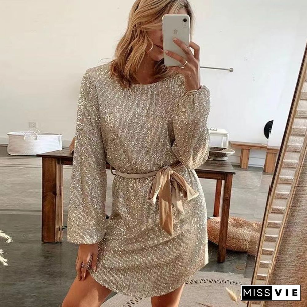 Sequins Long Sleeve Waist Tie Loose Mini Dress