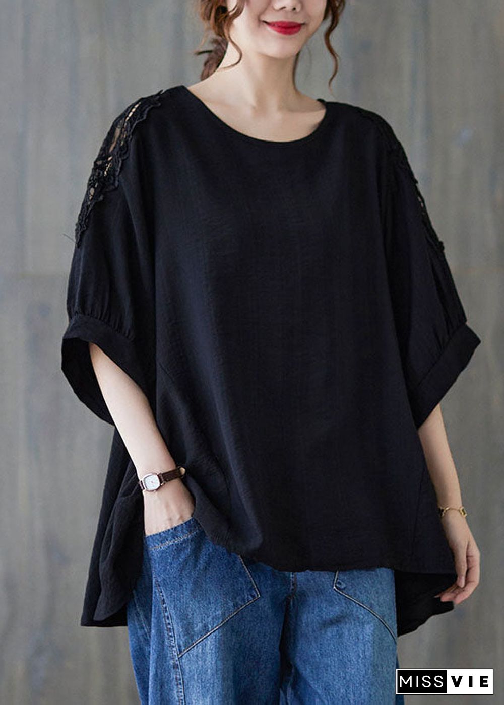 Black Lace Patchwork Cotton T Shirt Top Asymmetrical Summer