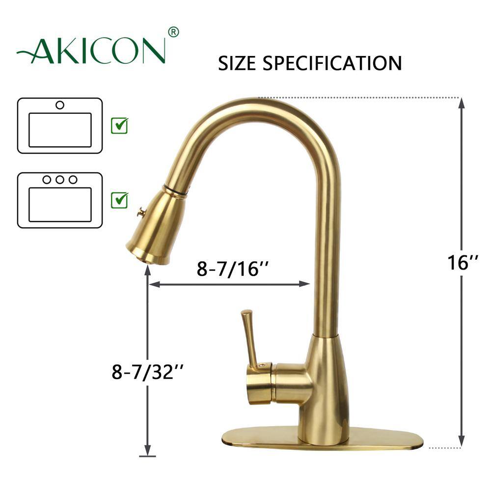 Akicon One-Handle Brushed Gold Pull Down Kitchen Faucet with Deck Plate Soap Dispenser and Air Gap Cap AK96455BTG-S2DA