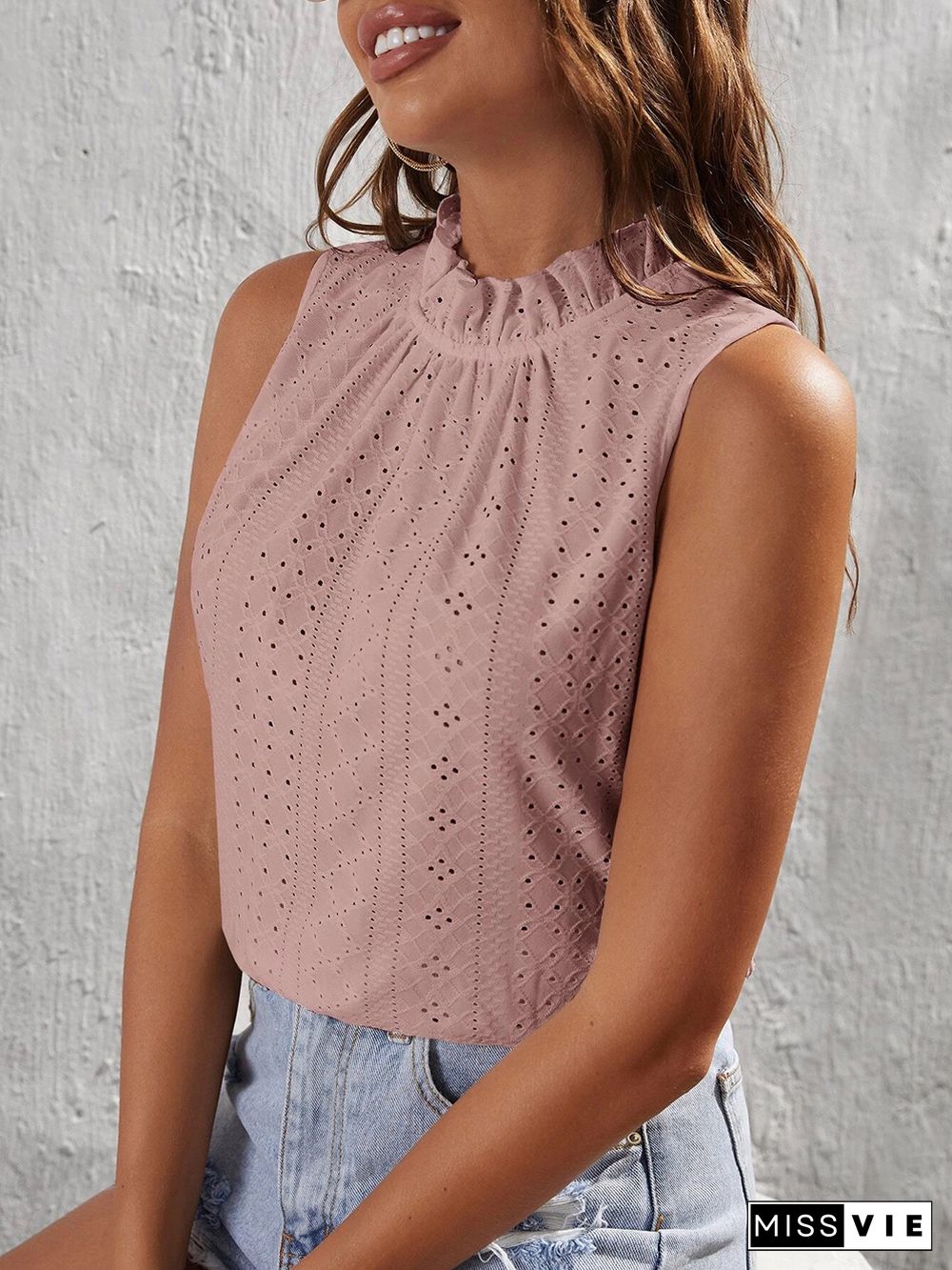 Eyelet Pattern Frill Collar Sleeves Tank Top