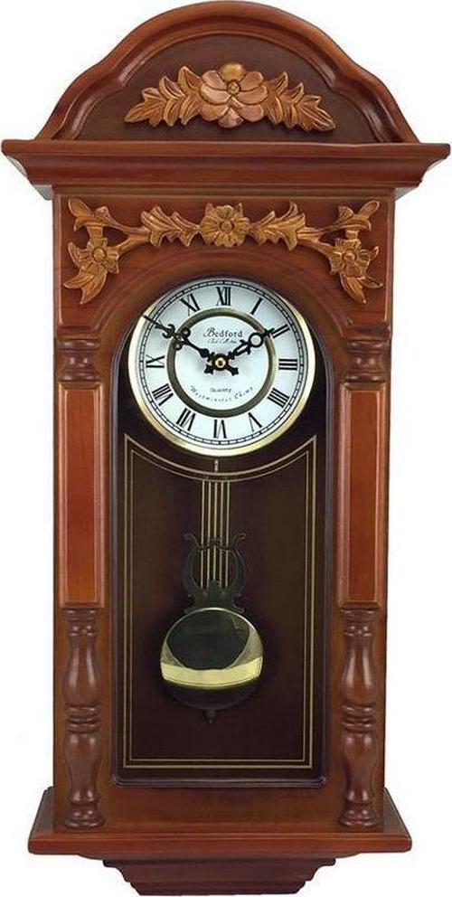 Bedford Clock Collection 27.5 Antique Chiming Wall Clock with Roman Numerals in a Padauk Oak Finish