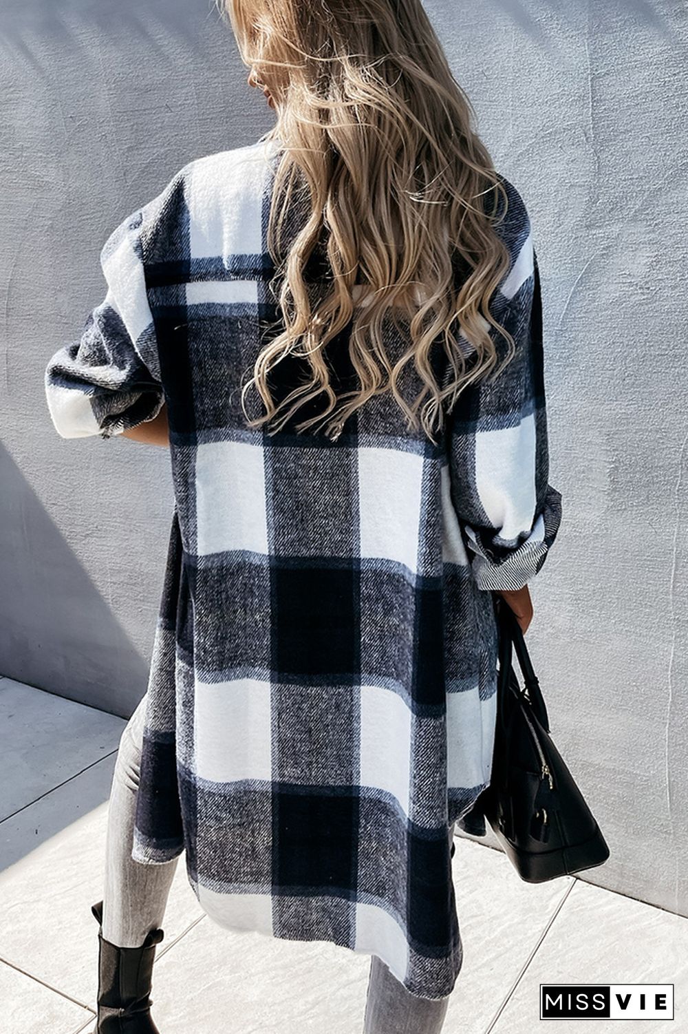 Open Button Pockets Plaid Long Length Jacket