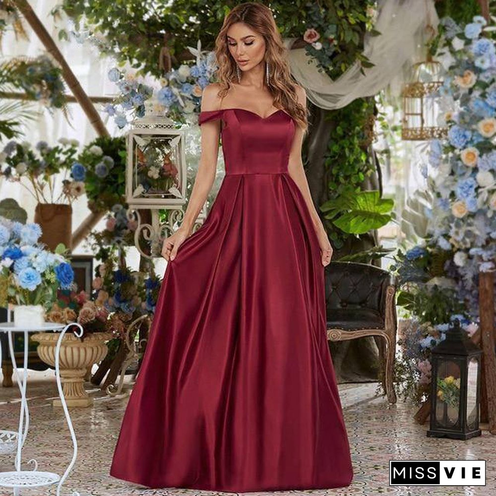 Fashion Satin Long Women Dresses A-Line V-Neck Off The Shoulder Elegant Summer Dresses For Party Ladies Maxi Dresses Robe Femme