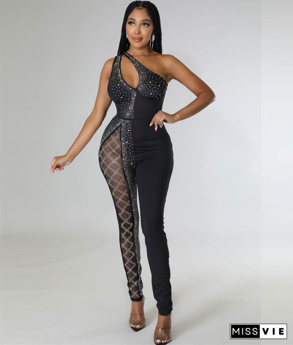 Hot Drilling One Shoulder Skinny Nightclub Jumpsuits