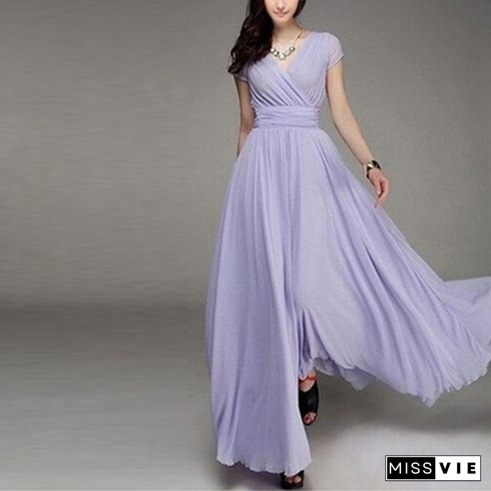 Women's Fashion Spring Summer Autumn Bohemian Maxi Dress Beach Evening Dress V-neck Sexy Women Summer Boho Long Dress Evening Party Prom Dress Sundress Chiffon Dress Plus Size S-3XL