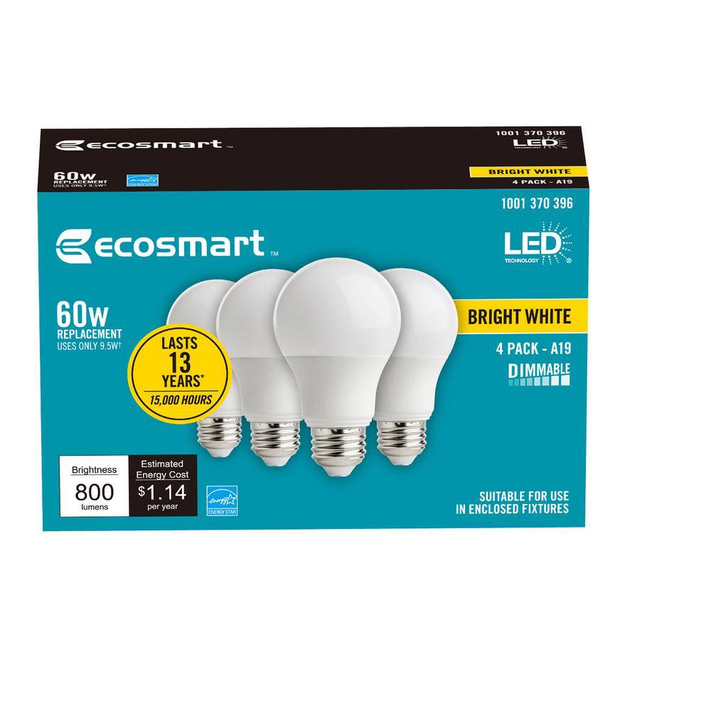 EcoSmart 60-Watt Equivalent A19 Dimmable Energy Star LED Light Bulb Bright White (4-Pack) B7A19A60WESD02