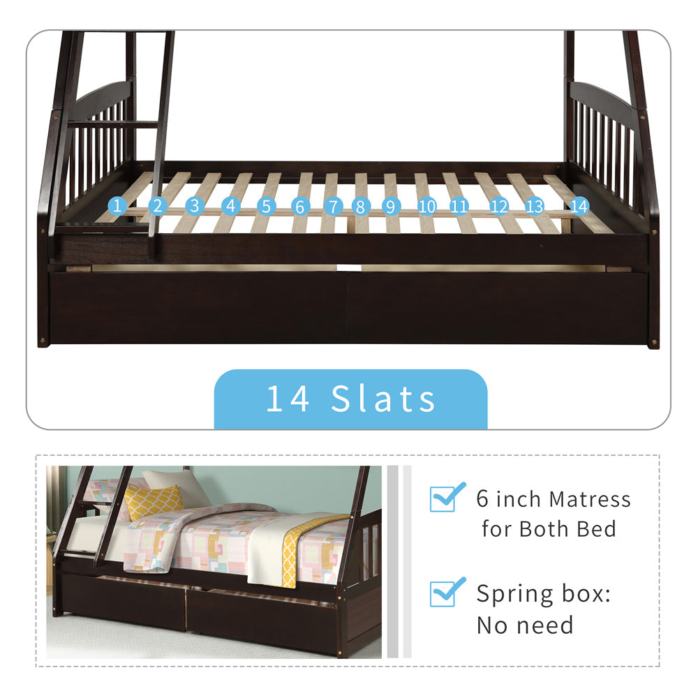 Twin Over Full Bunk Bed with Two Storage Drawers, Pine Wood Bed Frame and Ladder with Guard Rails for Toddlers, Kids, Teens, Boys and Girls, Brown