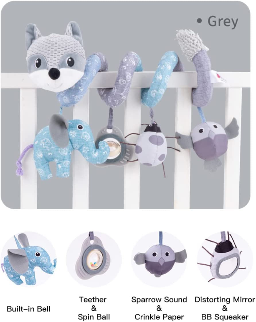 Grey Fox Baby Car Seat Stroller Toys， Plush Activity Hanging Spiral Activity Pram Crib with Music Box， Rattles， Squeaker