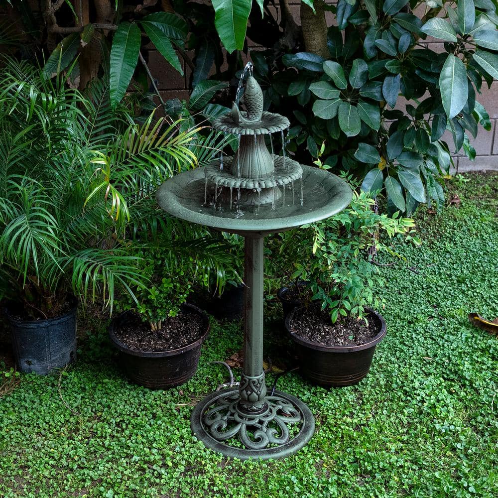 Alpine Corporation 40 in. Tall Outdoor 3-Tiered Pedestal Water Birdbath with Fish Design Floor Fountain, Green TEC104