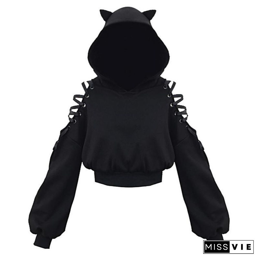 Cat Ears Lace Up Short Hoodie Black